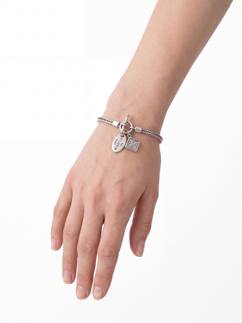 Lois Hill Sterling Silver 925 Toggle Charm Bracelet with Pavé Square